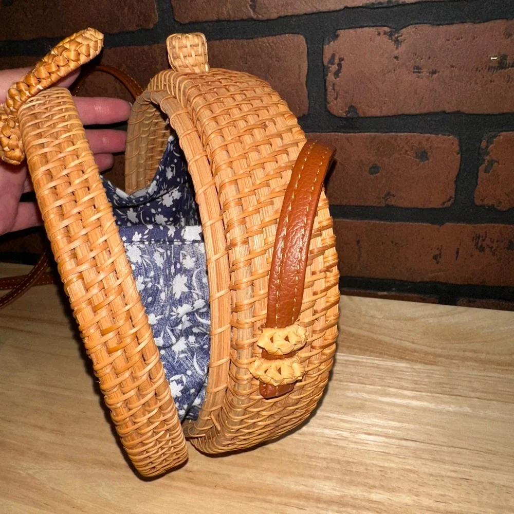 Round Woven Tan Crossbody Bag